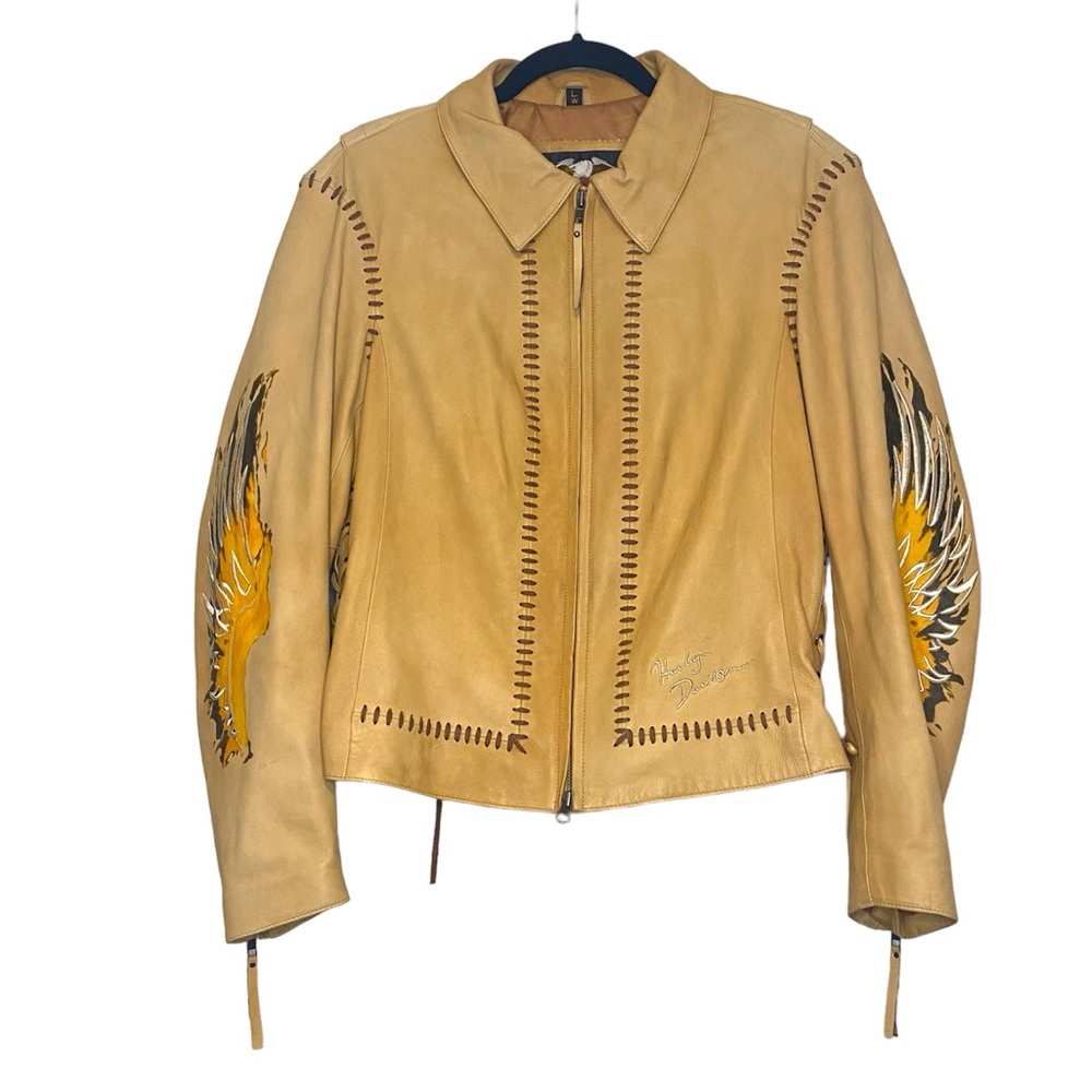 [Harley-Davidson] Tan Lamb Skin Leather Fringe Jacket Painted Fire Wings Size L